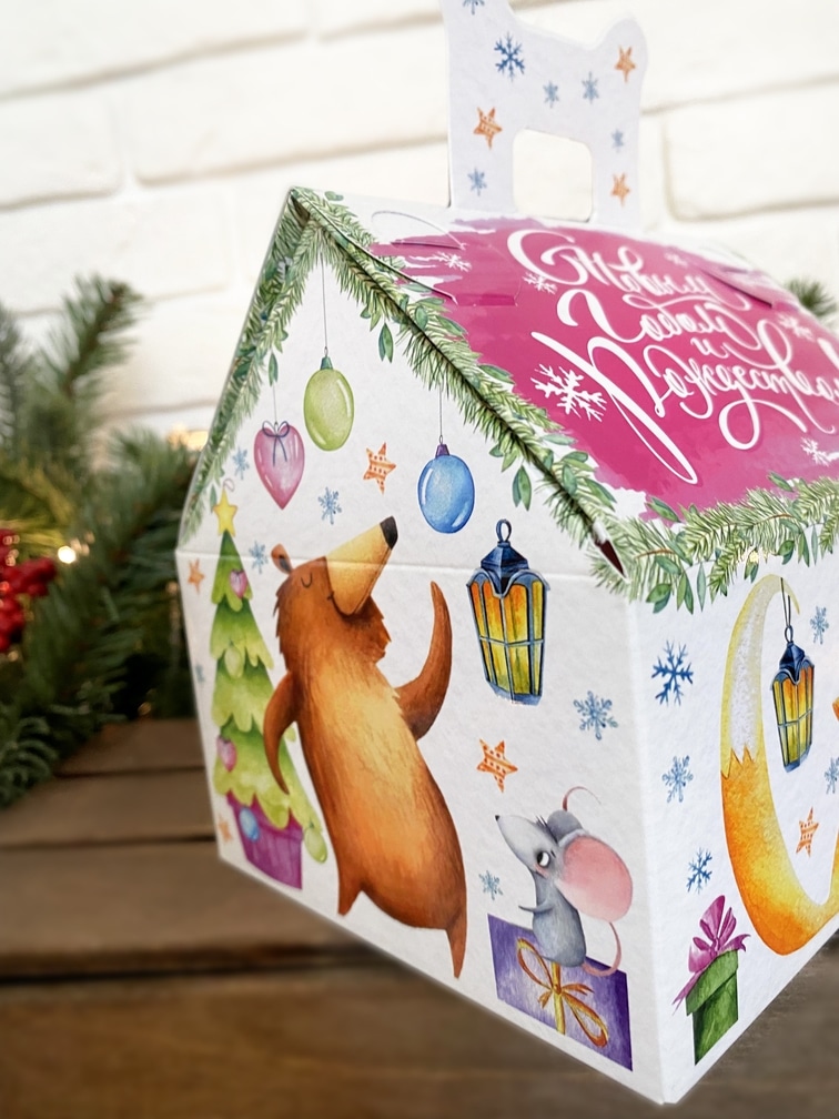 Коробка новогодняя подарочная Акварельная серия, 133х116х126 (+45) мм (домик) — изображение 3